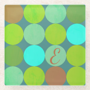 Lime Green Teal Turquoise & Rust Circles Monogram Glass Coaster