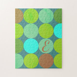 Lime Green Teal Turquoise & Rust Circles Monogram Jigsaw Puzzle