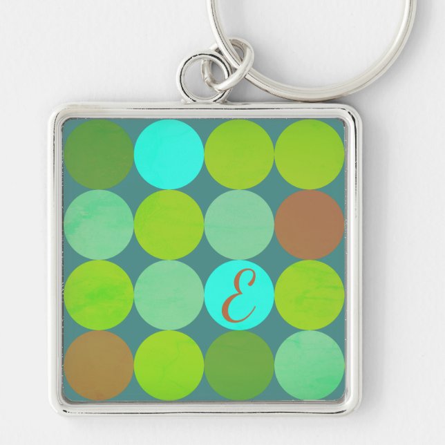 Lime Green Teal Turquoise & Rust Circles Monogram Key Ring (Front)