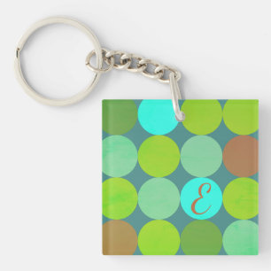 Lime Green Teal Turquoise & Rust Circles Monogram Key Ring