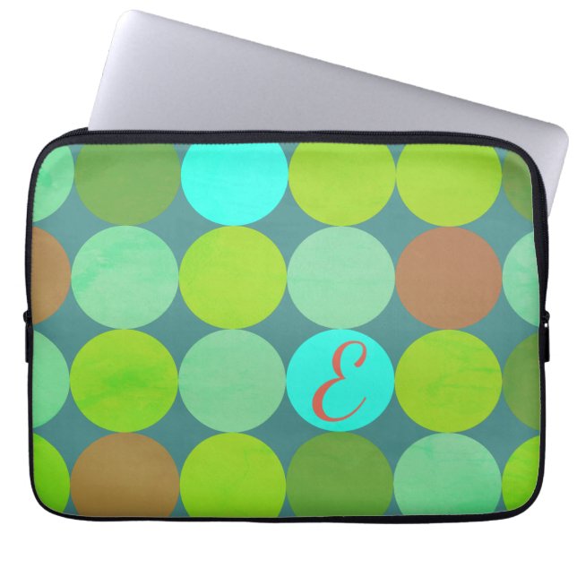Lime Green Teal Turquoise & Rust Circles Monogram Laptop Sleeve (Front)