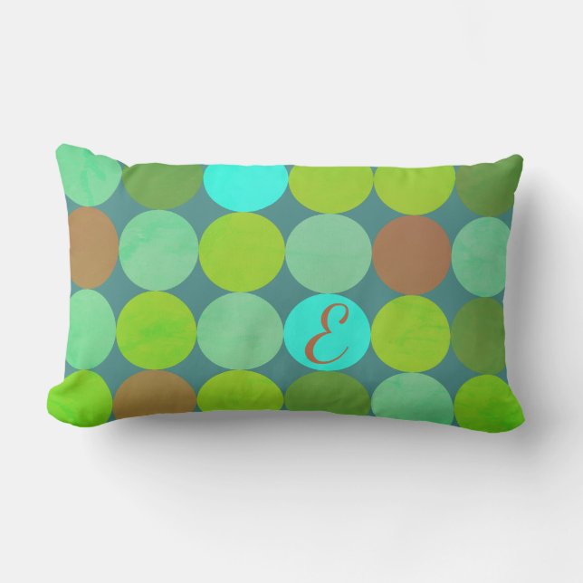Lime Green Teal Turquoise & Rust Circles Monogram Lumbar Cushion (Front)
