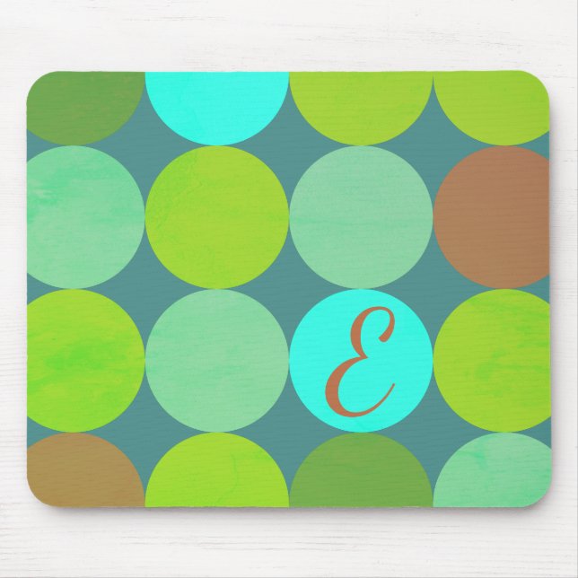 Lime Green Teal Turquoise & Rust Circles Monogram Mouse Pad (Front)