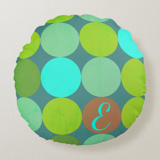 Lime Green Teal Turquoise & Rust Circles Monogram Round Cushion (Front)