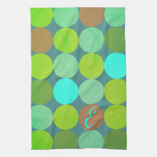 Lime Green Teal Turquoise & Rust Circles Monogram Tea Towel