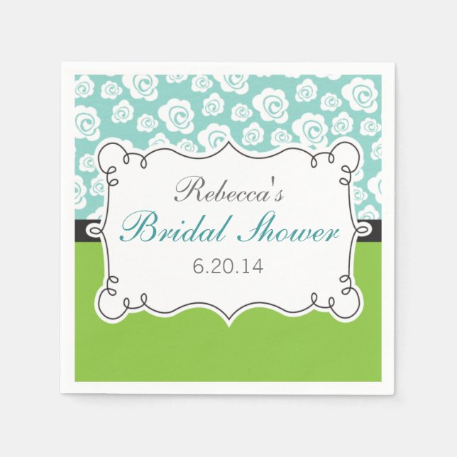 Lime Green & Teal, White Flowers, Bridal Shower Napkin (Front)