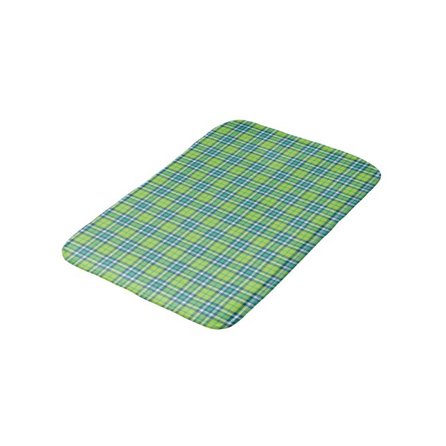 Lime Green, Turquoise, and White Plaid Bath Mat (Angled)