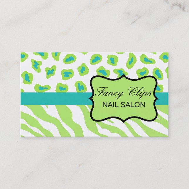 Lime Green Turquoise Blue Zebra Leopard Business Card (Front)