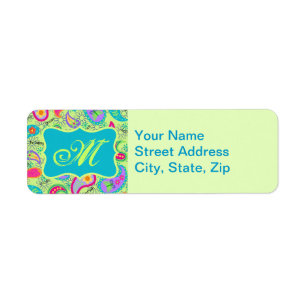 Lime Green Turquoise Modern Paisley Monogram Return Address Label