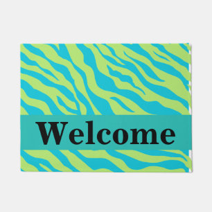 Lime Green Turquoise Zebra Skin Pattern Welcome Doormat