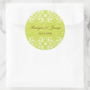 Lime Green Vintage Damask Lace Chic Wedding Favour Classic Round Sticker