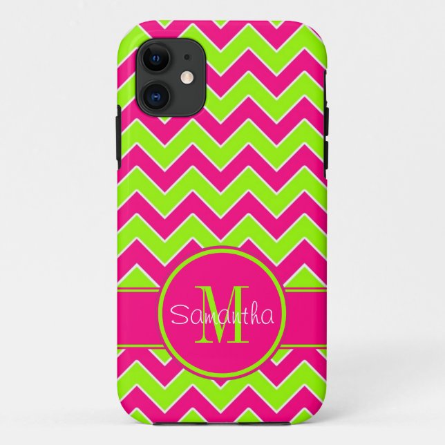 Lime Green w/ Pink Chevron Pattern Custom Monogram Case-Mate iPhone Case (Back)