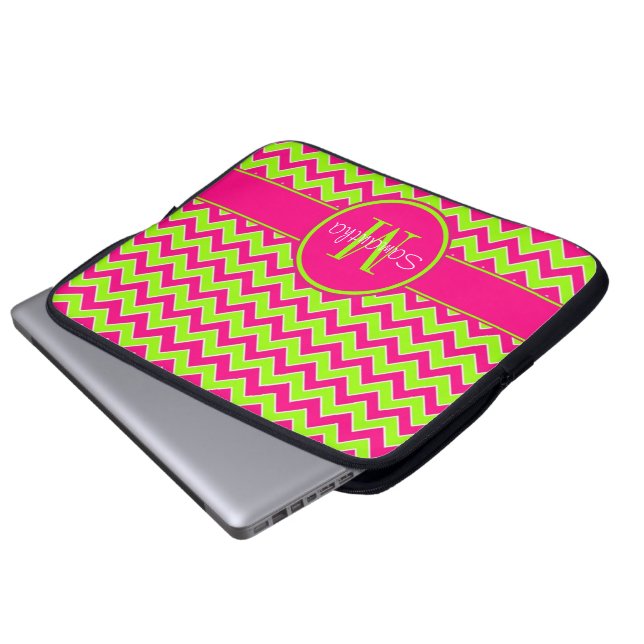 Lime Green w/ Pink Chevron Pattern Custom Monogram Laptop Sleeve (Front Bottom)
