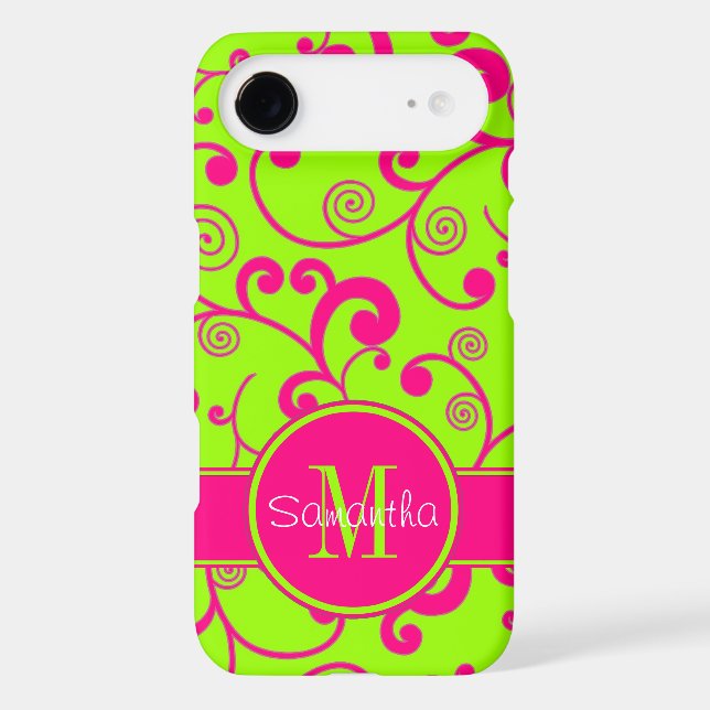 Lime Green w/ Pink Scroll Design Custom Monogram Case-Mate Samsung Galaxy Case (Back)