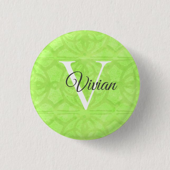Lime Green Watercolor Monogram Name 3 Cm Round Badge (Front)
