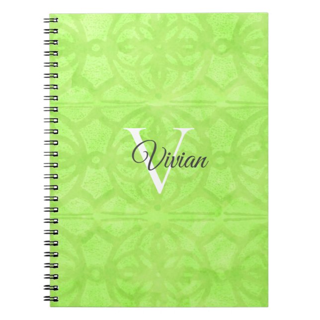 Lime Green Watercolor Monogram Name Notebook (Front)