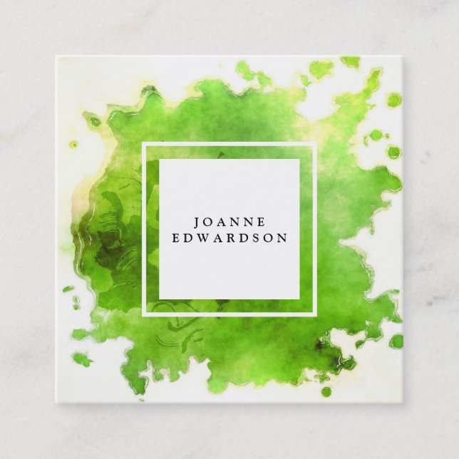 Lime green watercolor splatter splash professional square business card (Front)
