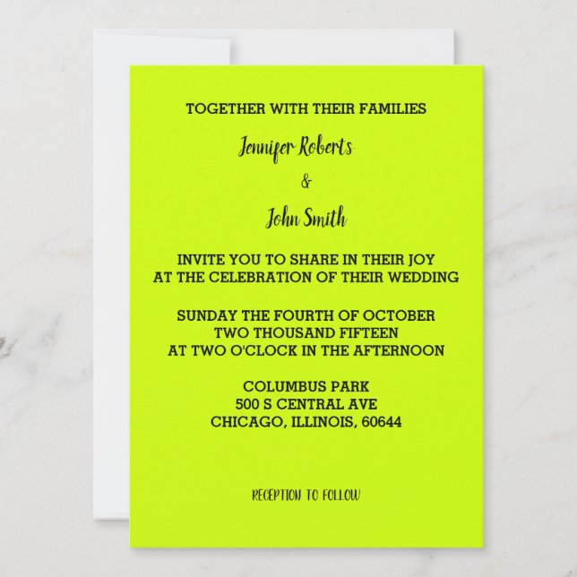 Lime Green Wedding Bright Colourful Custom Simple Invitation (Front)