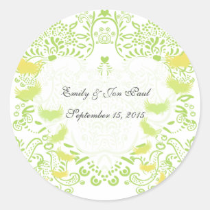 Lime Green Whimsical Love Birds Wedding Stickers