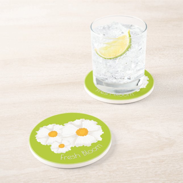 Lime Green White Flower Sandstone Coaster (Side)