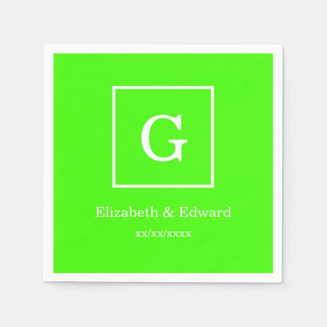 Lime Green White Framed Initial Monogram Napkin (Front)