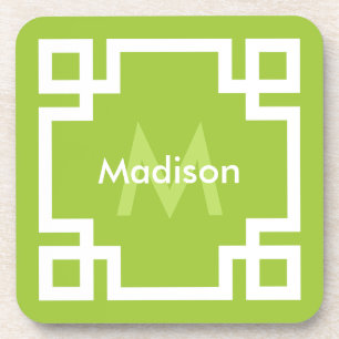 Lime Green White Greek Key Monogram Coaster