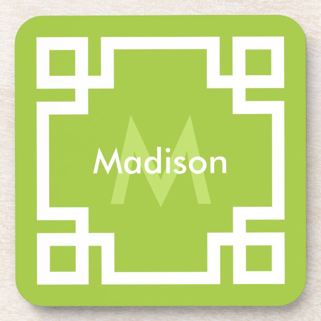 Lime Green White Greek Key Monogram Coaster (Front)
