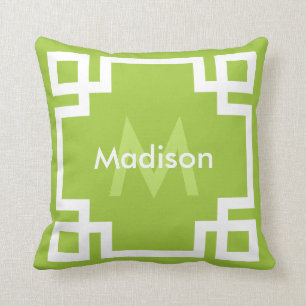Lime Green White Greek Key Monogram Cushion