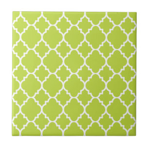 Lime Green White Quatrefoil Moroccan Pattern Ceramic Tile