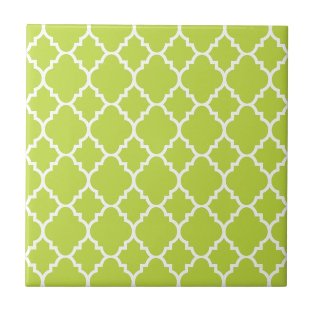 Lime Green White Quatrefoil Moroccan Pattern Ceramic Tile (Front)