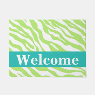 Lime Green White Zebra Skin Pattern Welcome Doormat