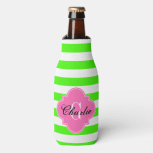 Lime Green Wht Horiz Stripe HP Name Init Monogram Bottle Cooler