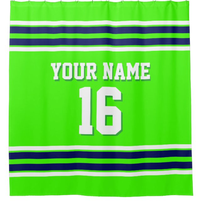 Lime Green with Navy White Stripes Sports Jersey Shower Curtain (Front)
