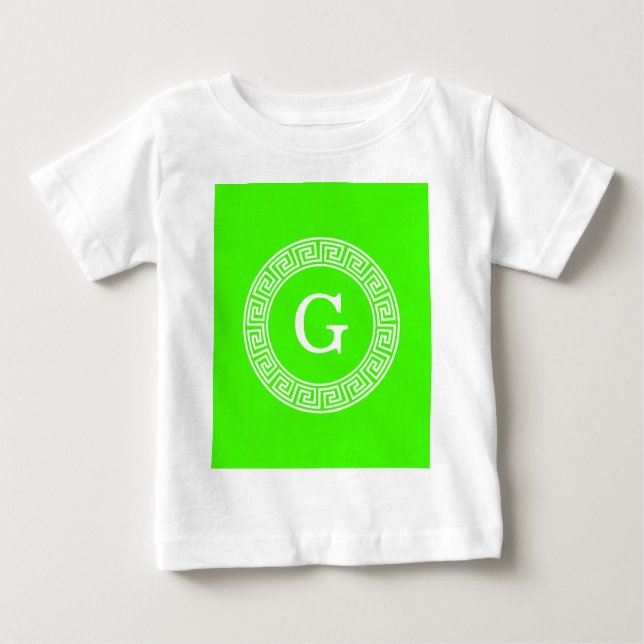 Lime Green Wt Greek Key Rnd Frame Initial Monogram Baby T-Shirt (Front)