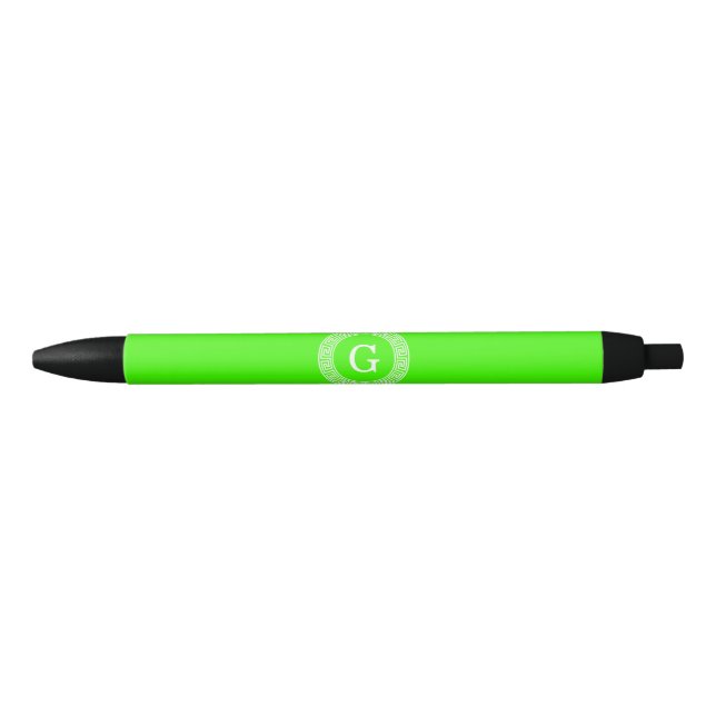 Lime Green Wt Greek Key Rnd Frame Initial Monogram Black Ink Pen (Front)