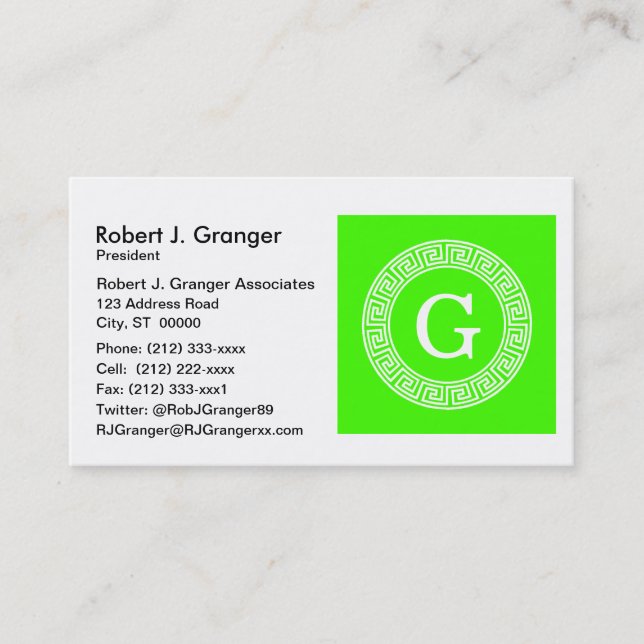 Lime Green Wt Greek Key Rnd Frame Initial Monogram Business Card (Front)