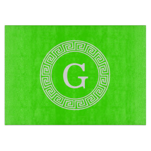 Lime Green Wt Greek Key Rnd Frame Initial Monogram Cutting Board