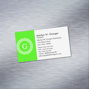 Lime Green Wt Greek Key Rnd Frame Initial Monogram Magnetic Business Card