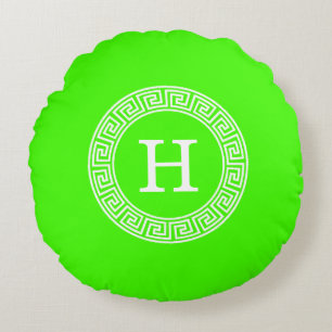 Lime Green Wt Greek Key Rnd Frame Initial Monogram Round Cushion