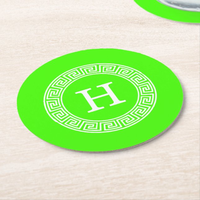 Lime Green Wt Greek Key Rnd Frame Initial Monogram Round Paper Coaster (Angled)