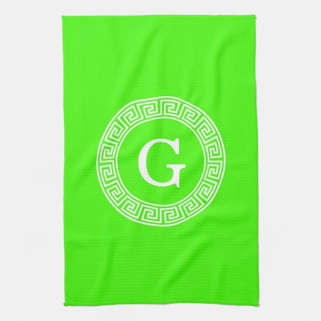 Lime Green Wt Greek Key Rnd Frame Initial Monogram Tea Towel (Vertical)