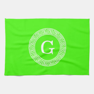 Lime Green Wt Greek Key Rnd Frame Initial Monogram Tea Towel