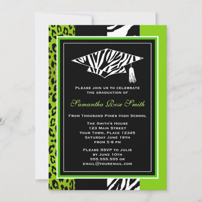 Lime Green Zebra and Leopard Print Graduation Invitation (Front)