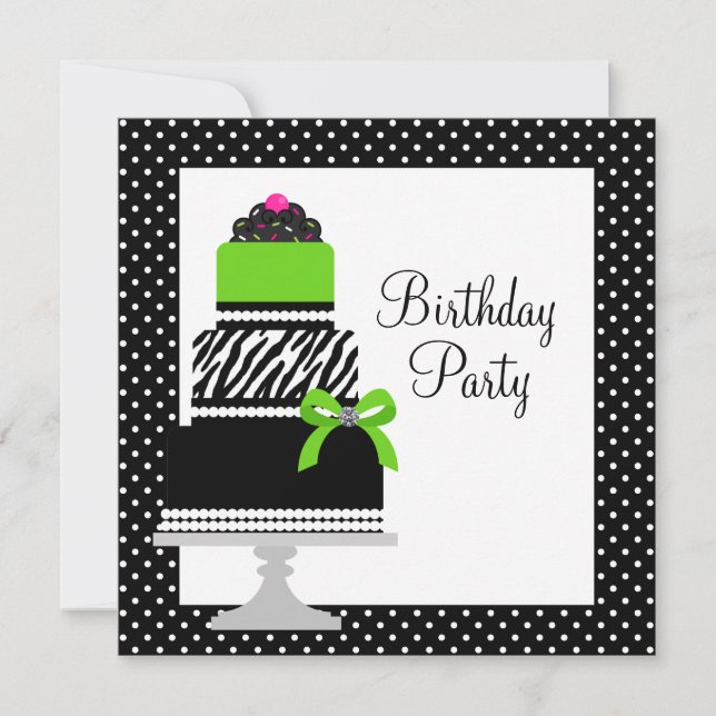 Lime Green Zebra Cake Cupcake Birthday Party Invitation (Front)