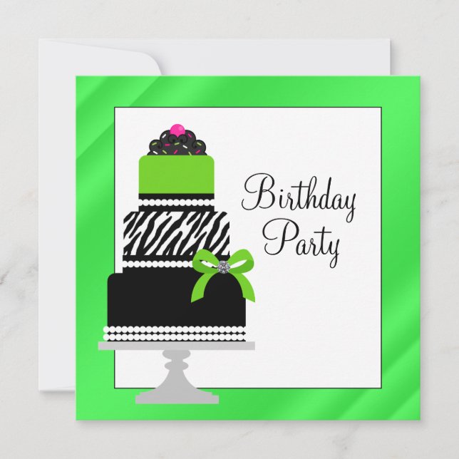 Lime Green Zebra Cake Cupcake Birthday Party Invitation (Front)
