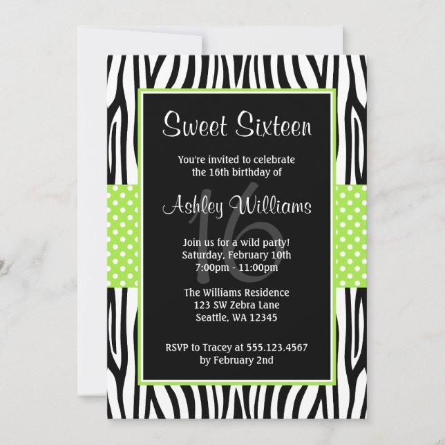 Lime Green Zebra Polka Dot Sweet 16 Invitations (Front)