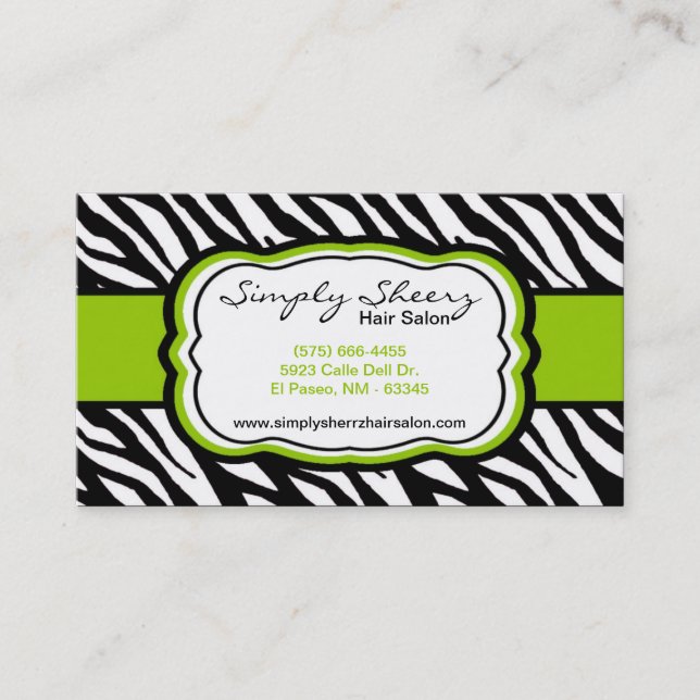 Lime Green Zebra Print Hair Salon Business Card (Front)