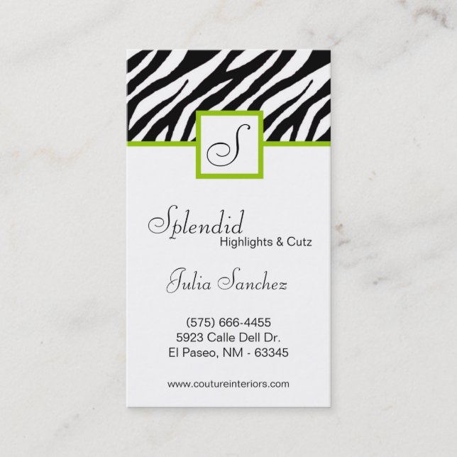 Lime Green Zebra Print Personalise Business Card (Front)