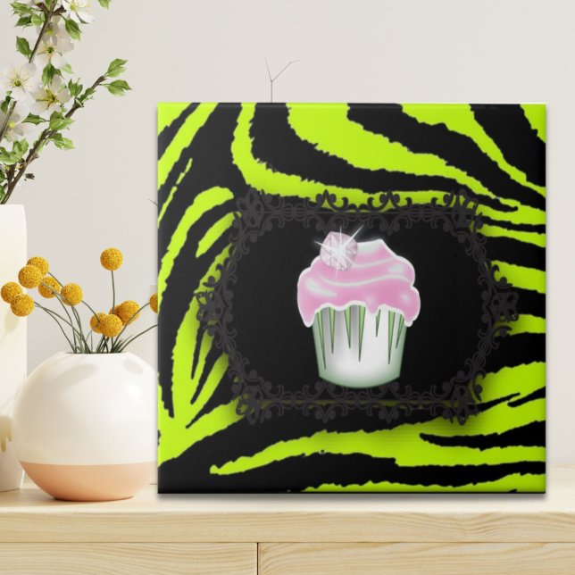 Lime green zebra print Pink Cupcake Sweet Sixteen Ceramic Tile (Lime green zebra print Pink Cupcake Sweet Sixteen Ceramic Tile)