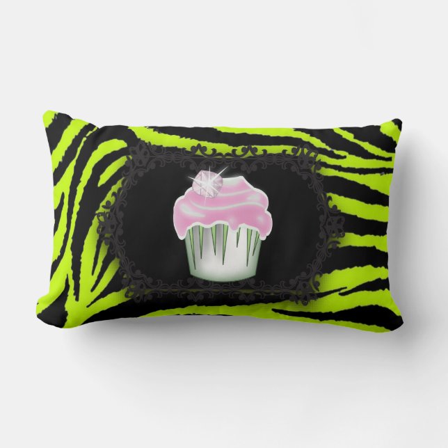 Lime green zebra print Pink Cupcake Sweet Sixteen Lumbar Cushion (Front)